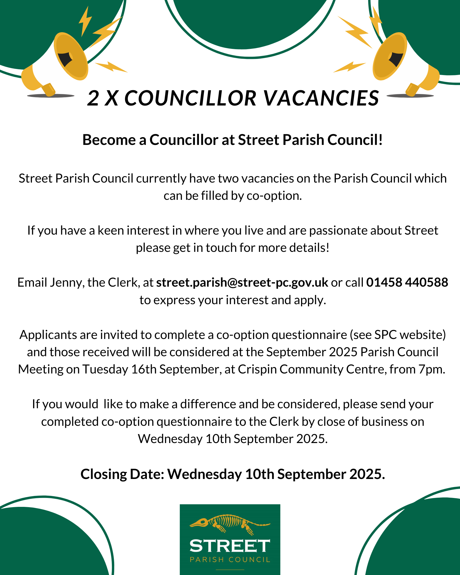Become a Councillor at Street Parish Council! 2 x Co-option Vacancies